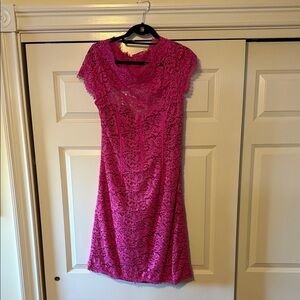 Monique Lhuillier Fuchsia Floral Lace Midi Dress